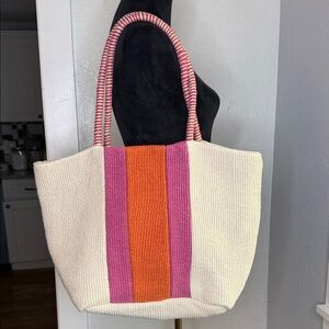 Mixit Cream Jute Straw Tote Bag Pink Orange Stripe Coastal Boho Market Beach NWT